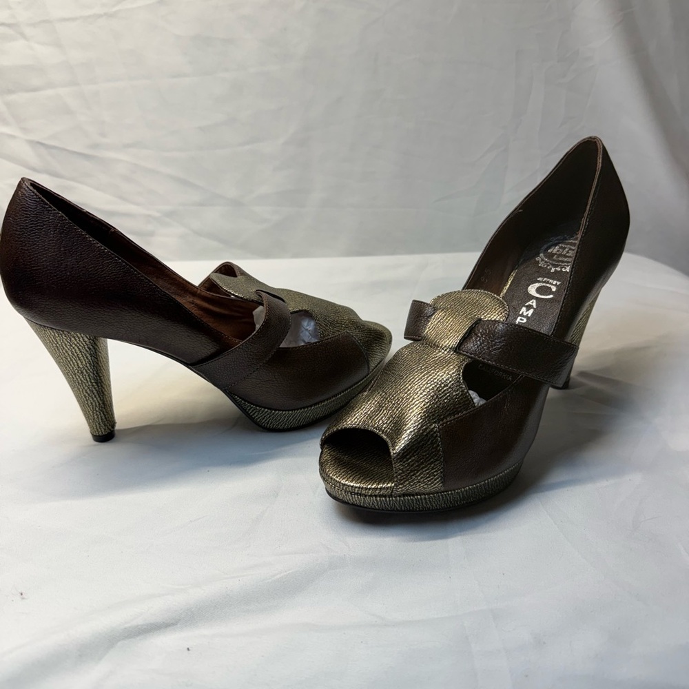 Jeffrey Campbell Ibiza Lynden Brown & Gold Leather Peep Toe Platform Heels Sz8.5